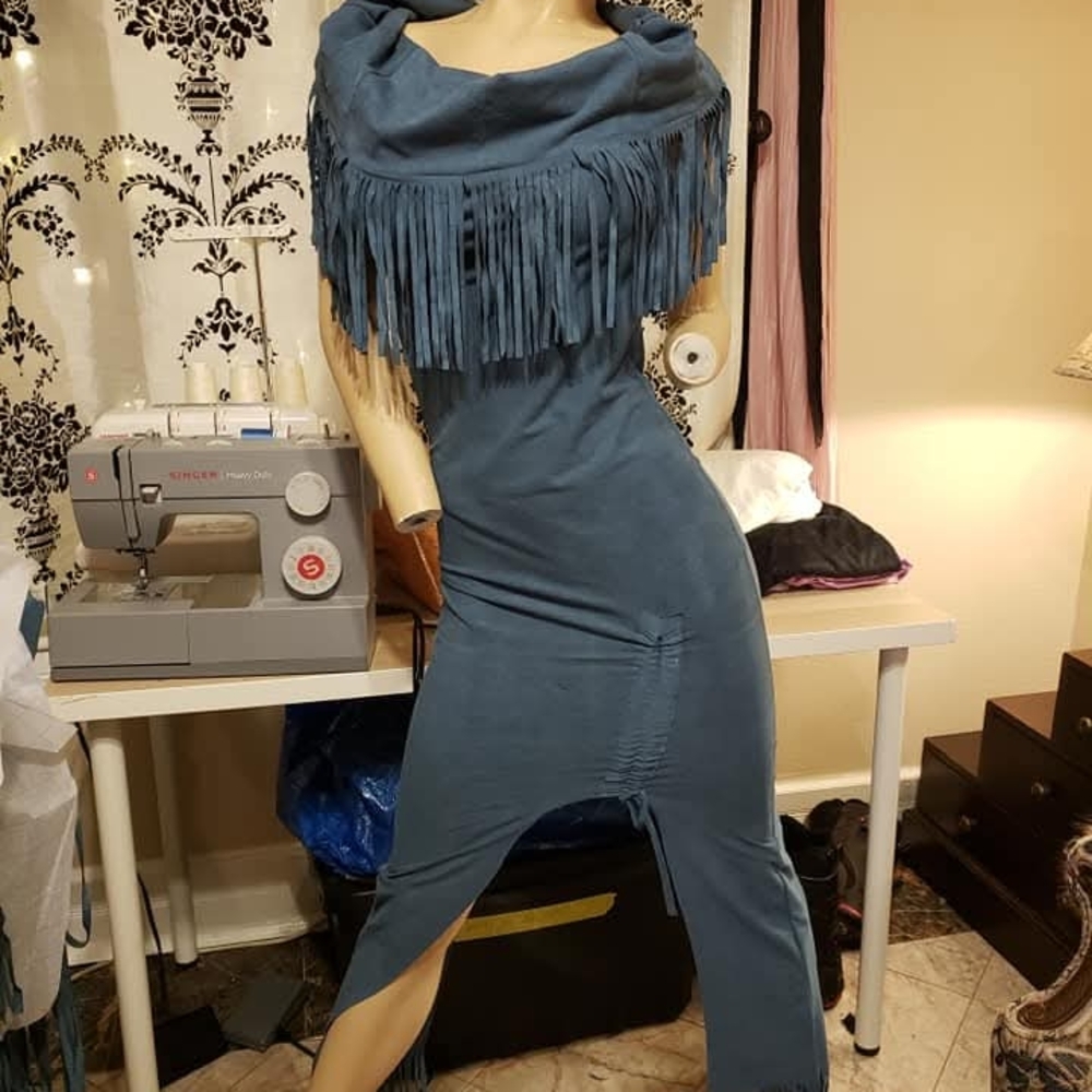 Fringe Cowl Neck Blue Dress